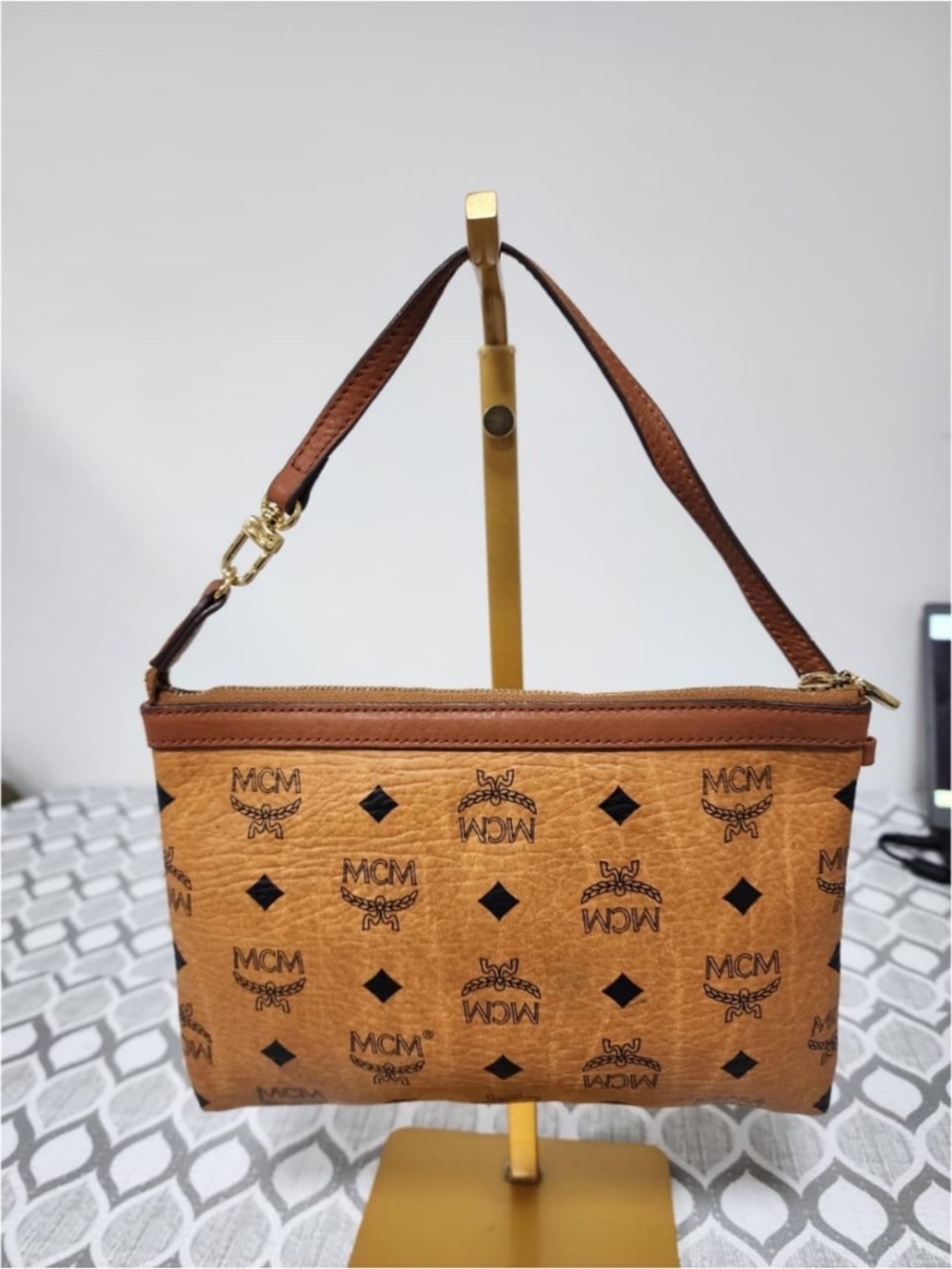 Authentic MCM Small Visetos Pochette Handbag Brown